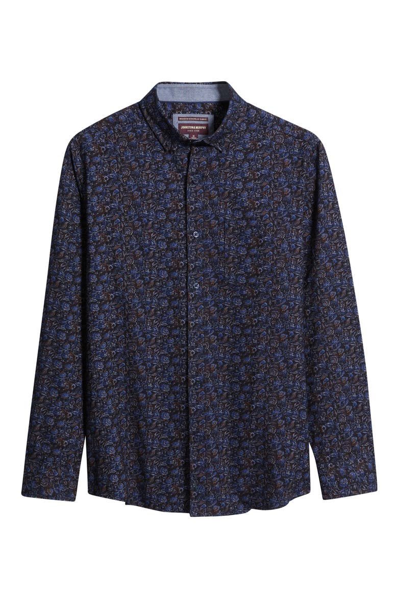 Lane Print Cotton Button-Up Shirt, Main, color, NAVY / BROWN FROND