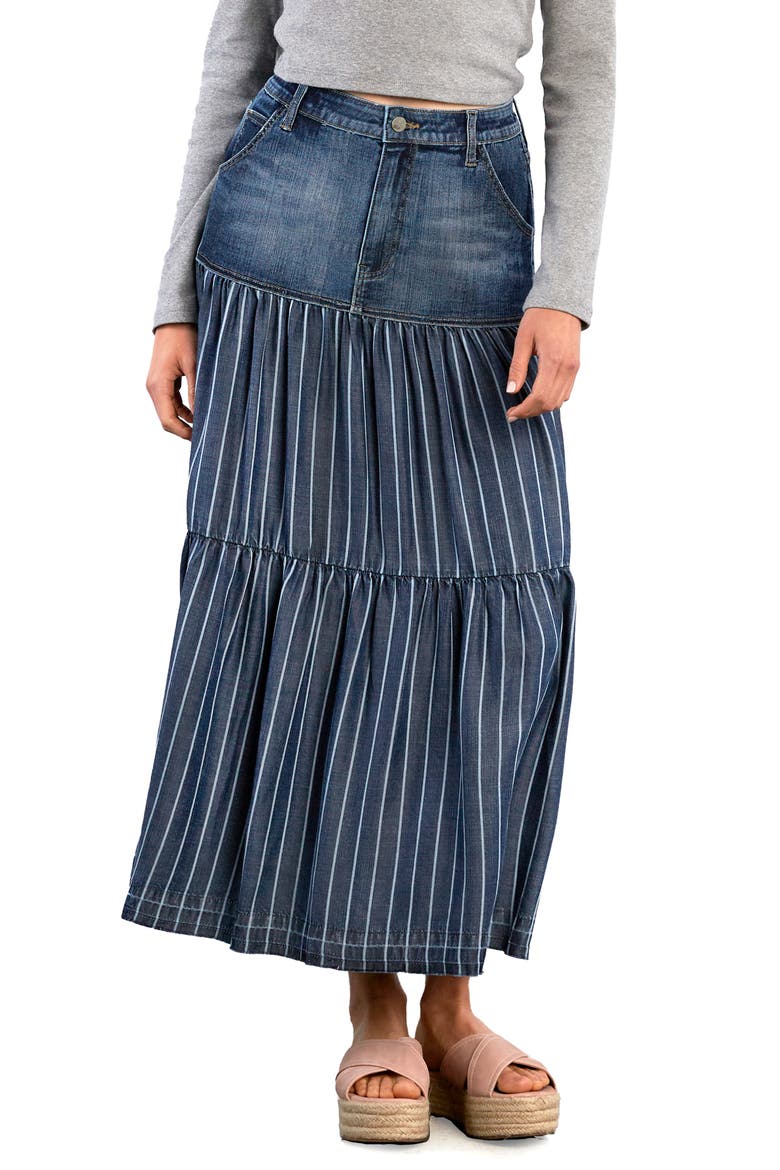 Contrast Tiered Denim Maxi Skirt, Main, color, INDIGO STRIPES