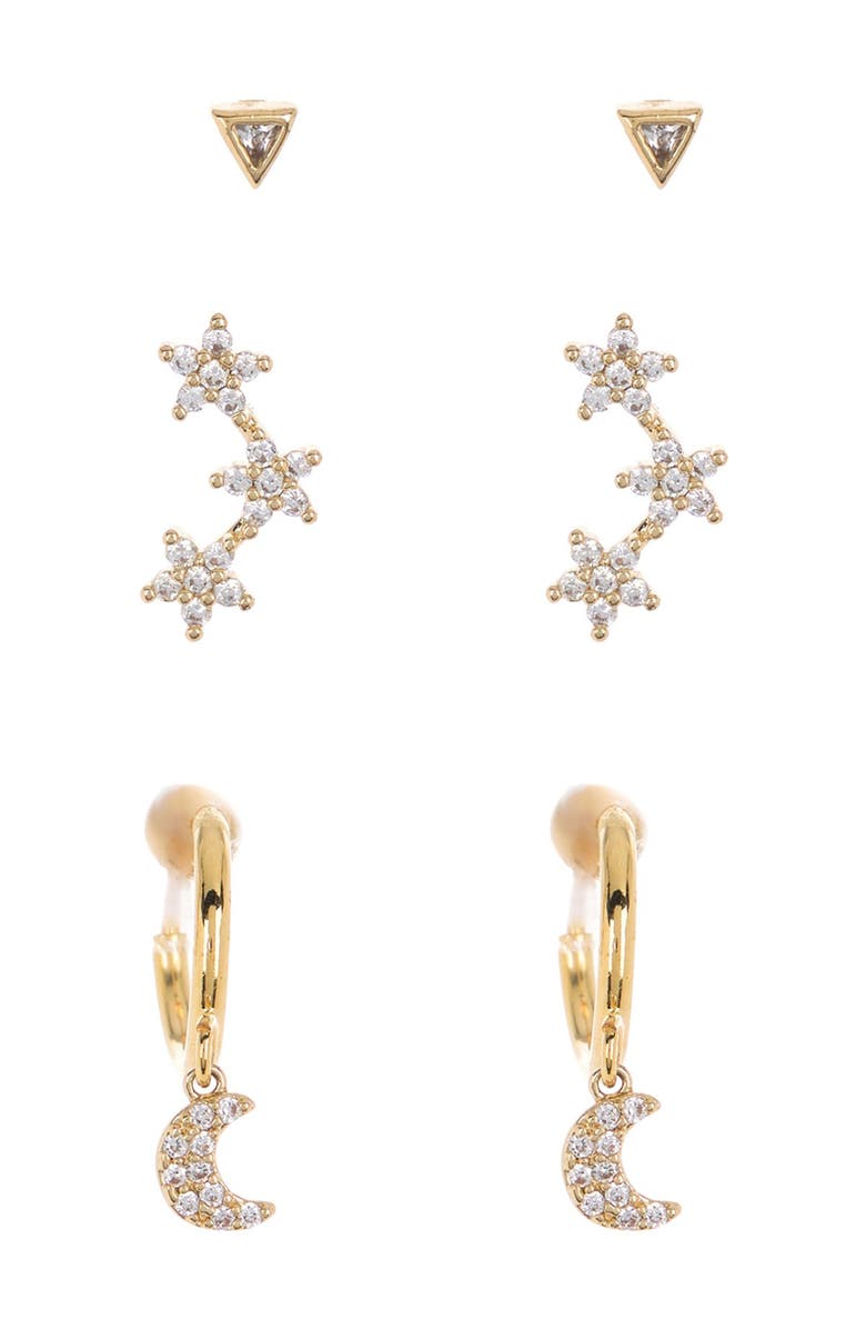 Loren Olivia 14K Yellow Gold Plated Brass Star Moon Stud Earrings - Set of 3, Main, color,