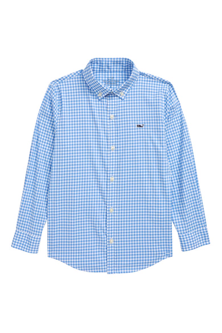 Kids' Gingham Performance Whale Button-Down Shirt, Main, color, CORNFLOWER