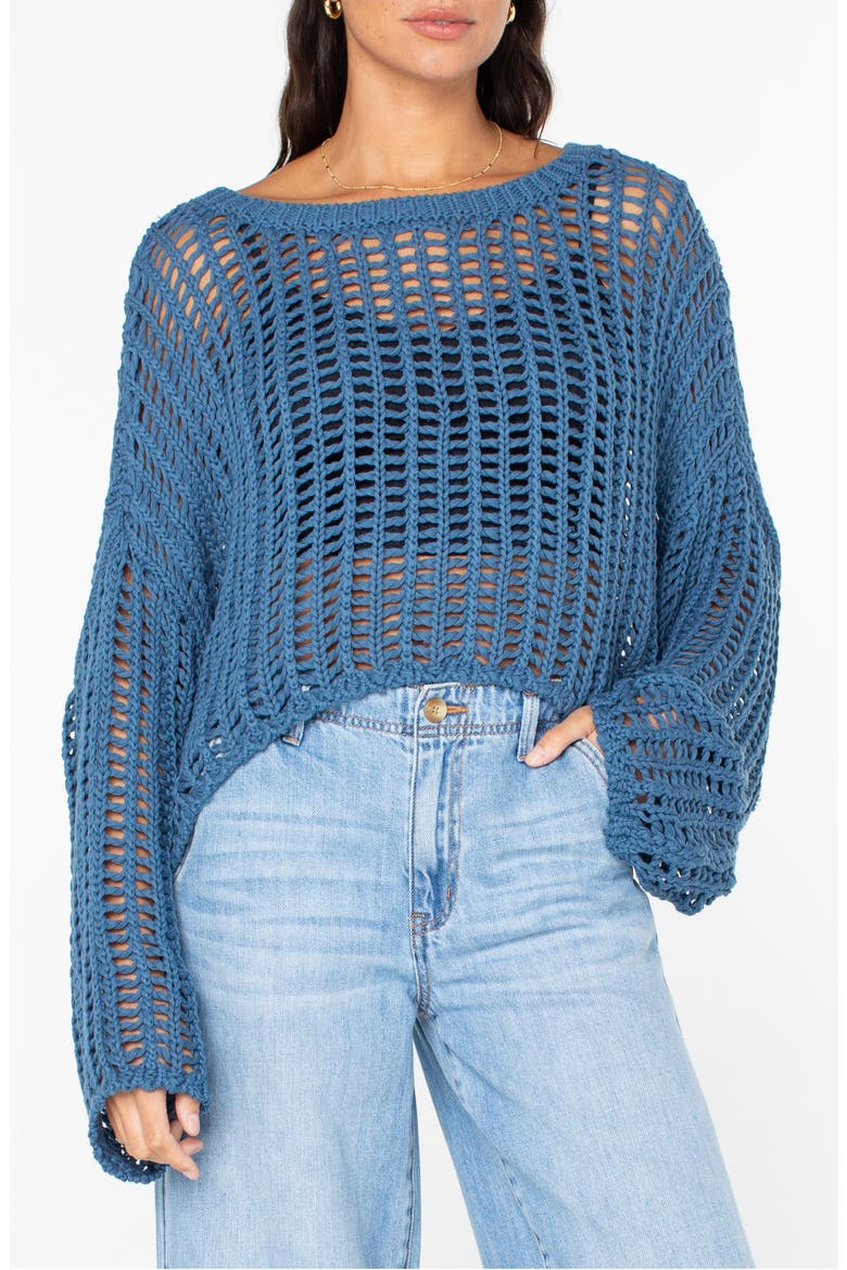 Lost At Sea Open Stitch Crop Sweater, Main, color, CAPTAIN BLUE