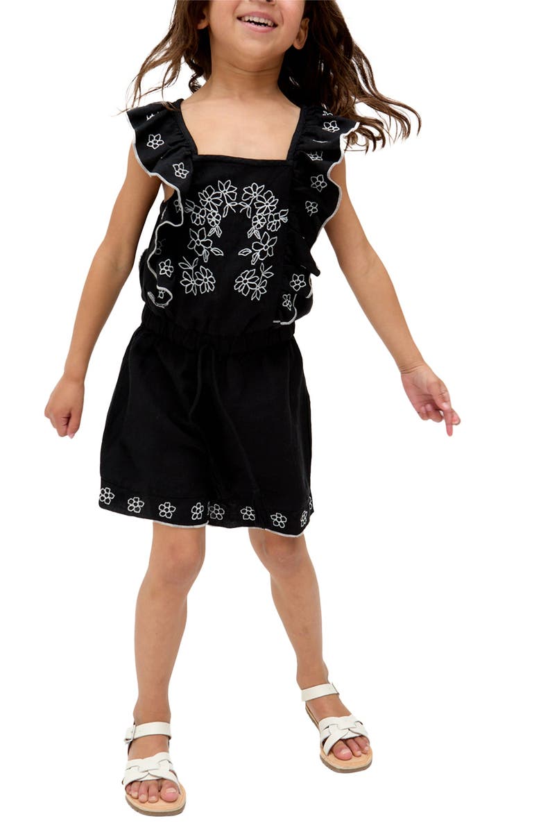 Raffya Kids Philo Ruffle Neck Embroidered Romper, Main, color, Black