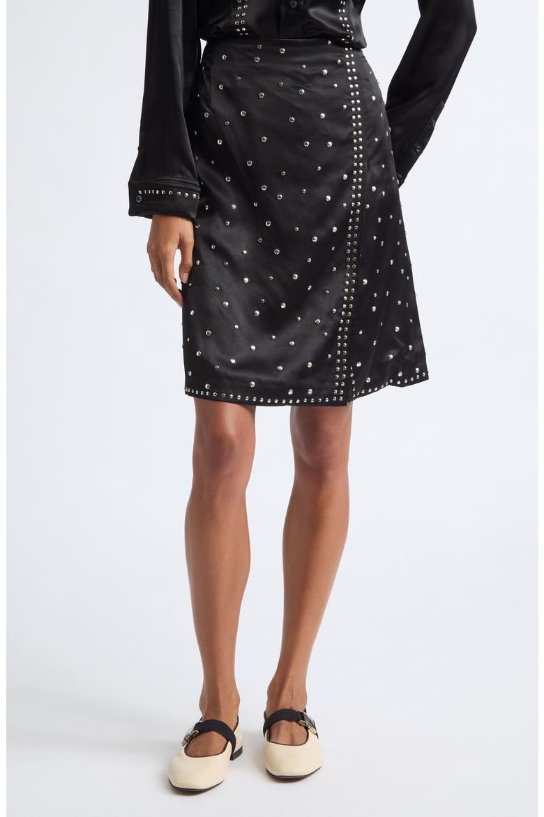Cosmic Studded Faux Wrap Satin Midi Skirt, Main, color, BLACK
