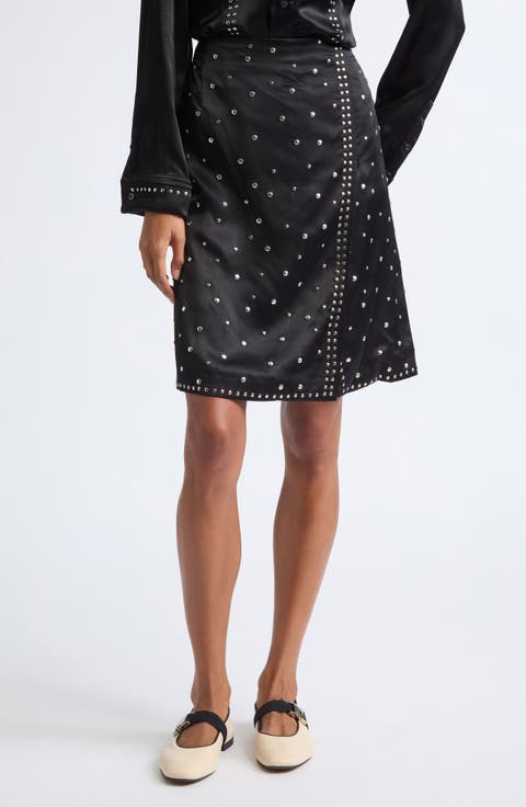 Cosmic Studded Faux Wrap Satin Midi Skirt