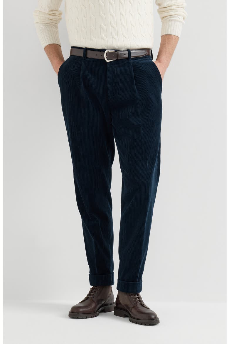 Garment-dyed trousers in cotton corduroy with pleat, Main, color, Navy Blue