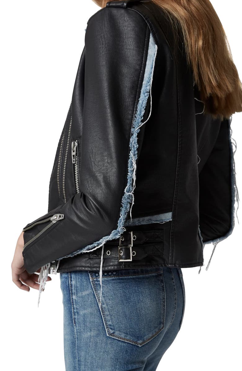BLANKNYC Thrasher Denim Trim Faux Leather Moto Jacket, Alternate, color, 