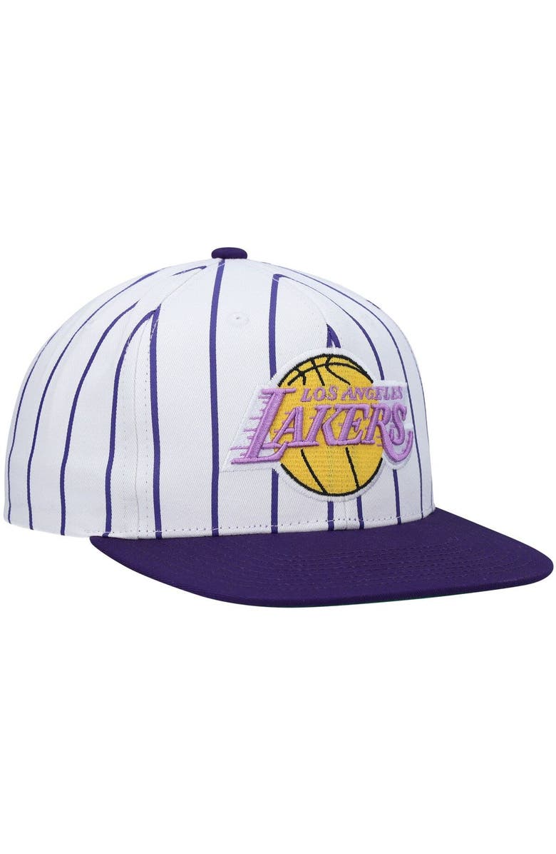 Mitchell & Ness Men's Mitchell & Ness White Los Angeles Lakers Hardwood Classics Pinstripe Snapback Hat, Alternate, color, 