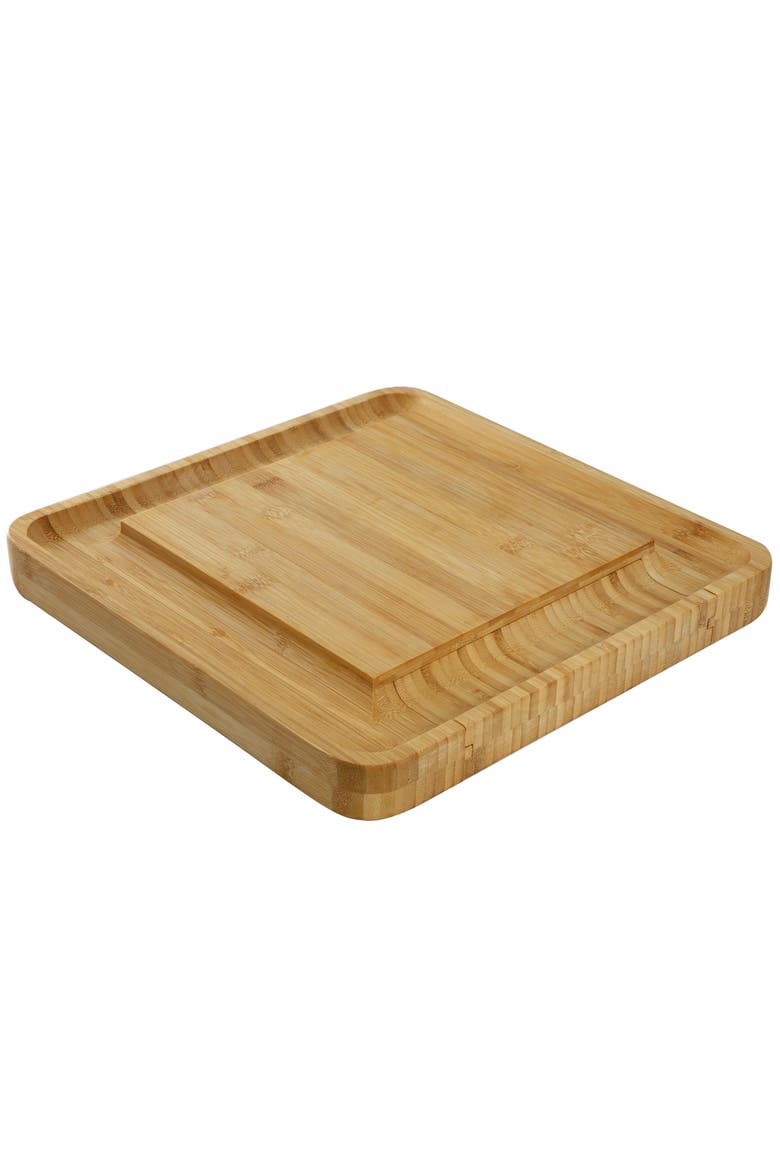Wood Charcuterie Cheese Board with Slide Out Drawer with Cheese Utensils, Bottle Opener, and 3 Piece Mini Chalkboard Set, Alternate, color, Bamboo