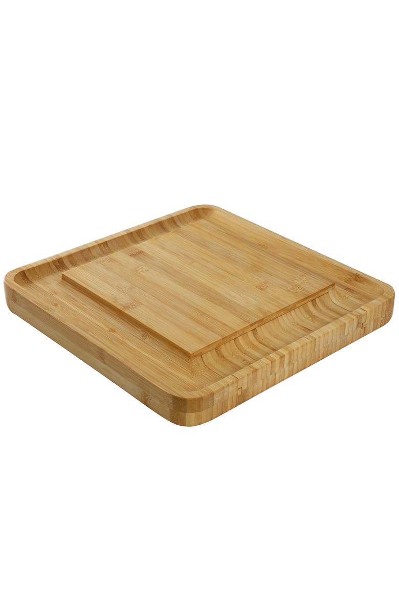Megachef Wood Charcuterie Cheese Board with Slide Out Drawer with Cheese Utensils, Bottle Opener, and 3 Piece Mini Chalkboard Set, Alternate, color, Bamboo