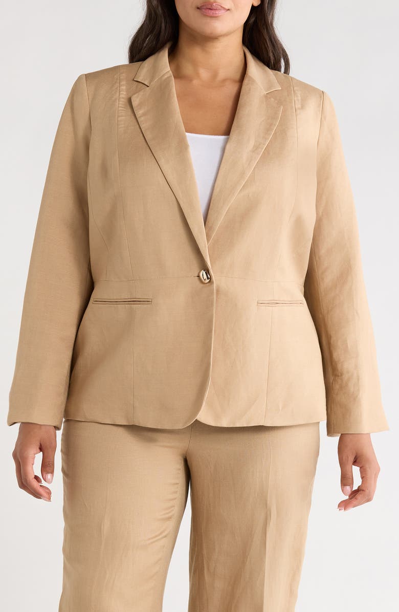 KASPER One-Button Linen Blend Peplum Blazer, Main, color, Toasted Wheat