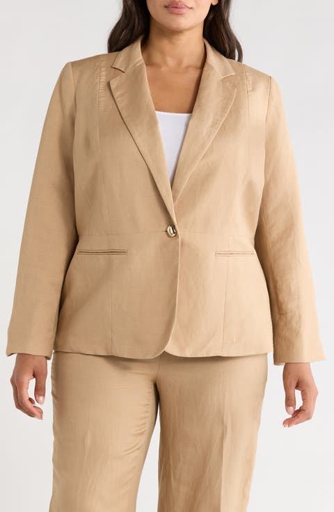 One-Button Linen Blend Peplum Blazer (Plus)
