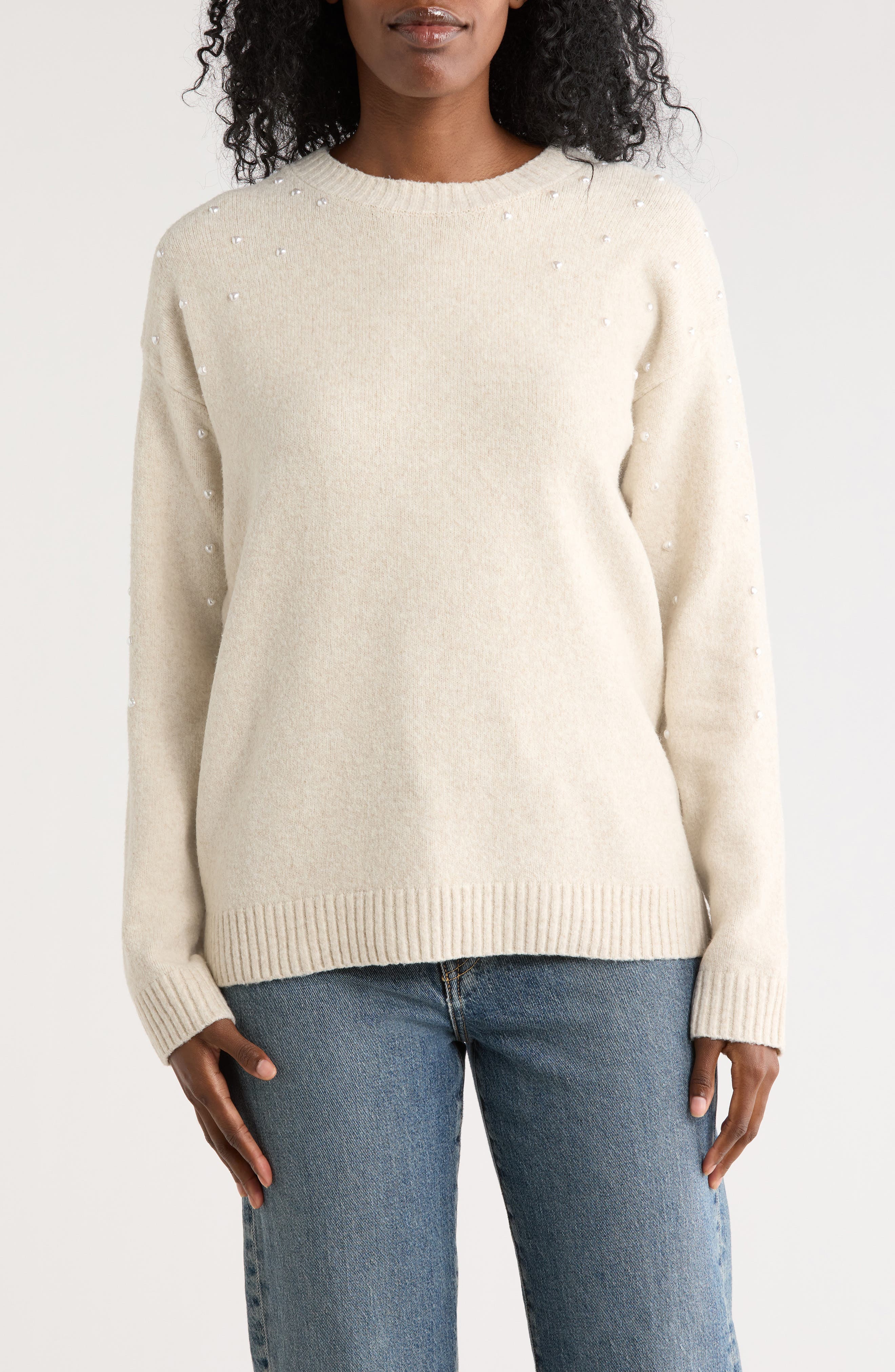 Bobeau Heart Faux Pearl Sweater