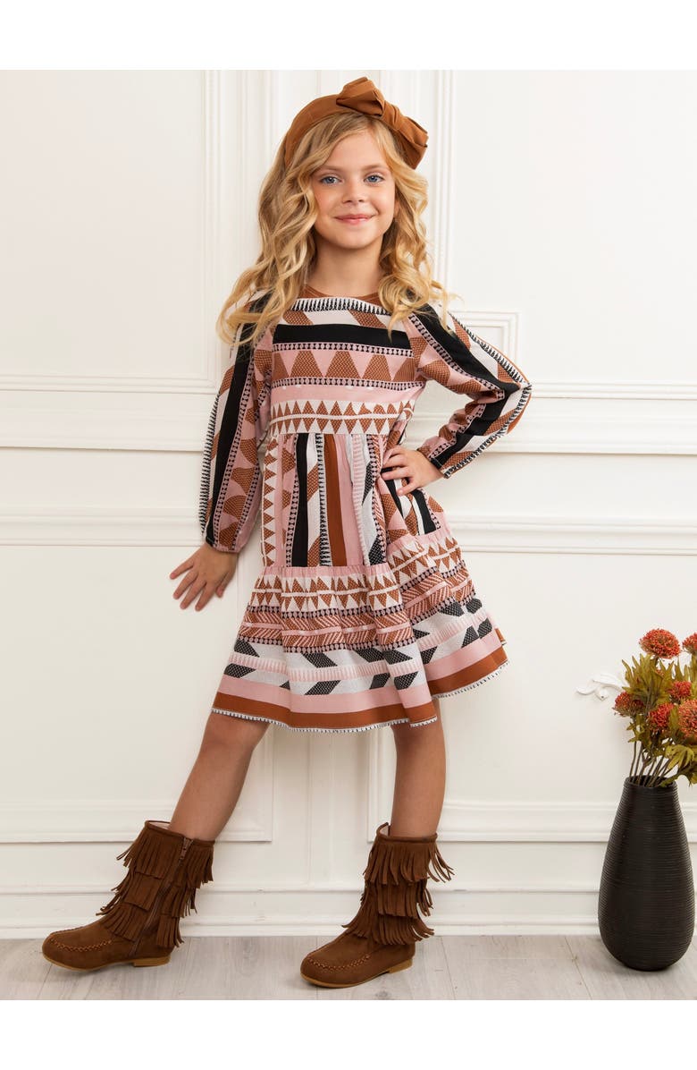 Mia Belle Girls Chic Boho Long Sleeve Fall Dress, Alternate, color, Brown