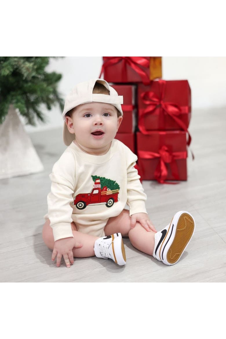 Christmas Truck Patch Long Sleeve Romper, Alternate, color, Natural