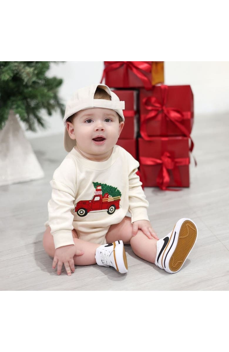 Sweet Wink Christmas Truck Patch Long Sleeve Romper, Alternate, color, Natural