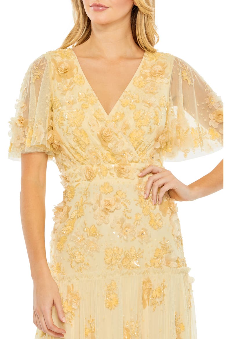 Floral Beaded Embellished Flutter Sleeve Tiered Dress, Alternate, color, Butter