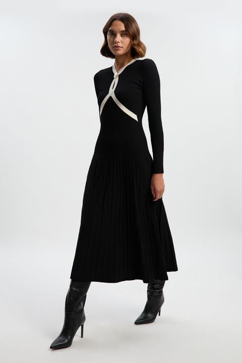 Rib Knit Trim Full Skirt Midi Dress