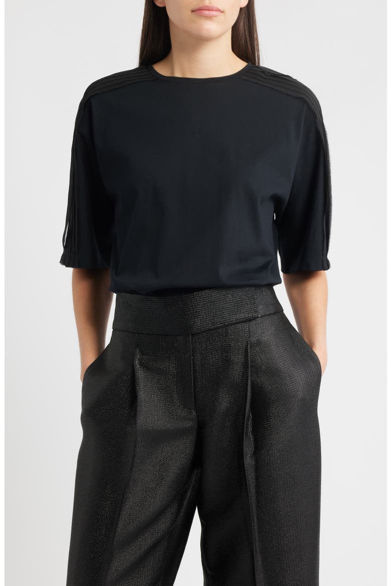 Elaxya Shoulder Pleat T-Shirt, Main, color, BLACK