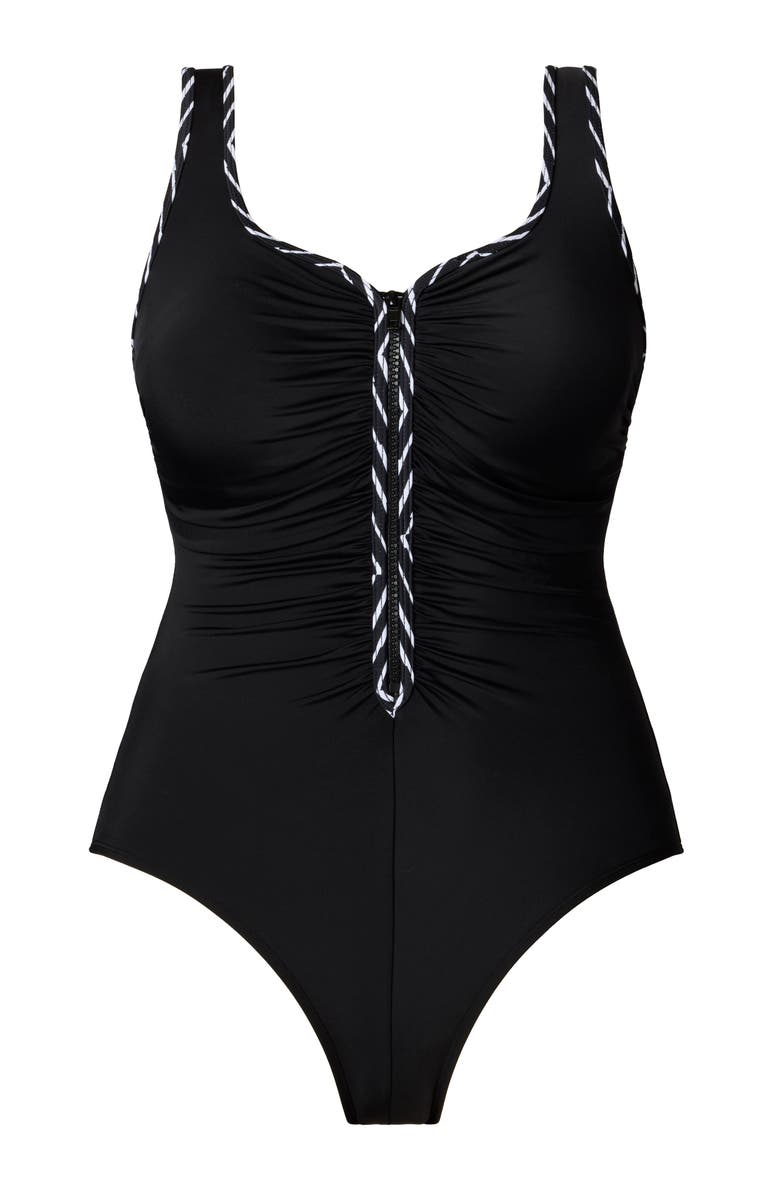 ShapeSolver Sport Shirred Zipper Tank Chlorine Resistant One-Piece Swimsuit, Alternate, color, In Graphic Details