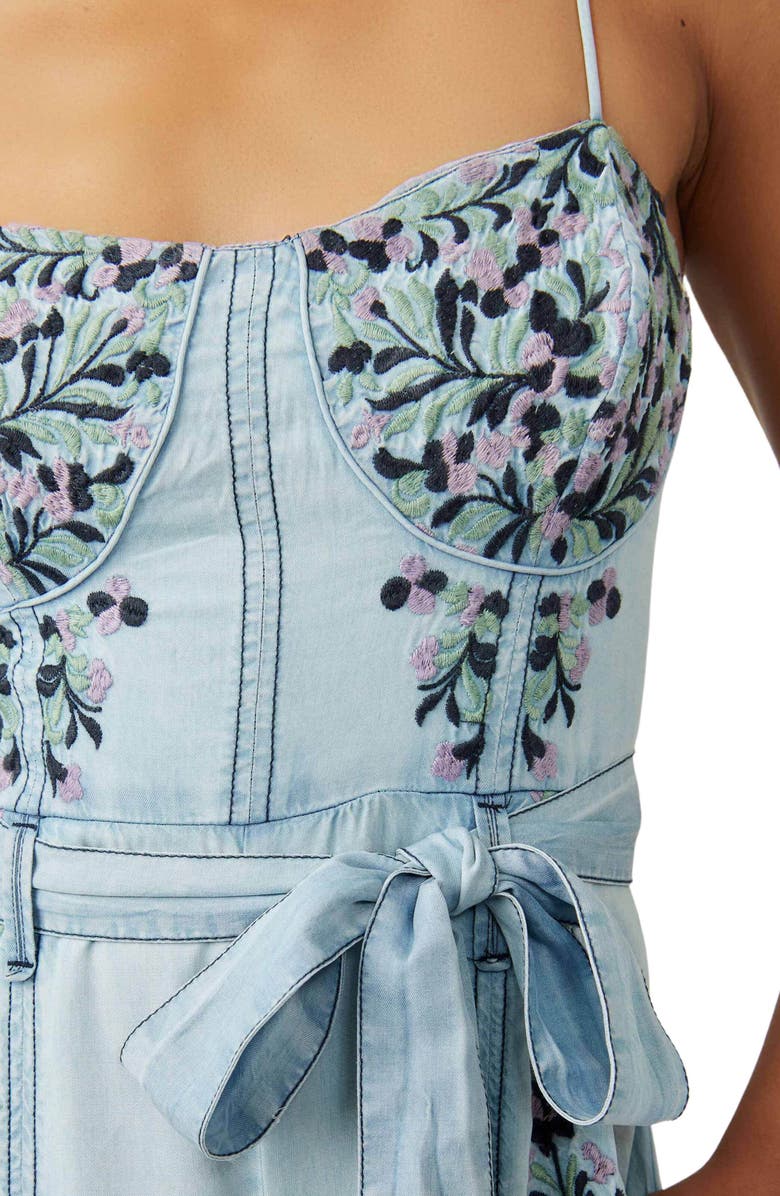 Free People Brigitte Embroidered Wide Leg Denim Jumpsuit, Alternate, color,