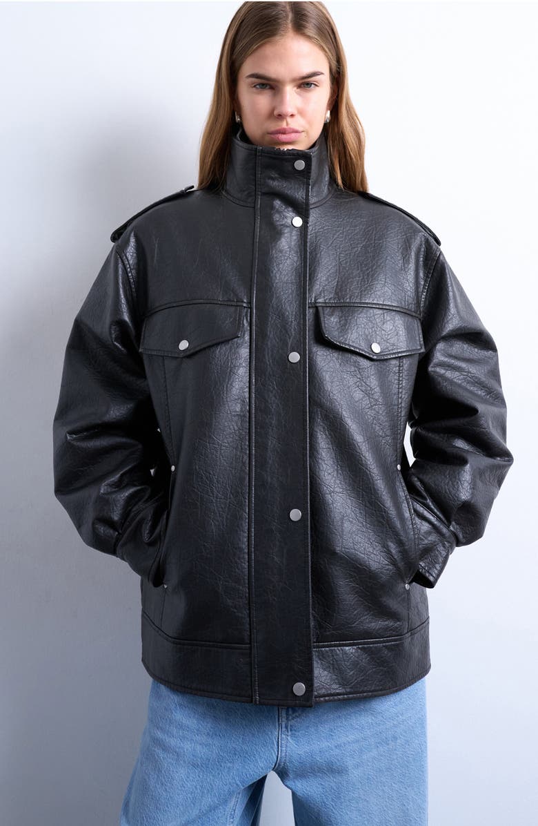 Topshop Oversize Faux Leather Jacket, Main, color, Black
