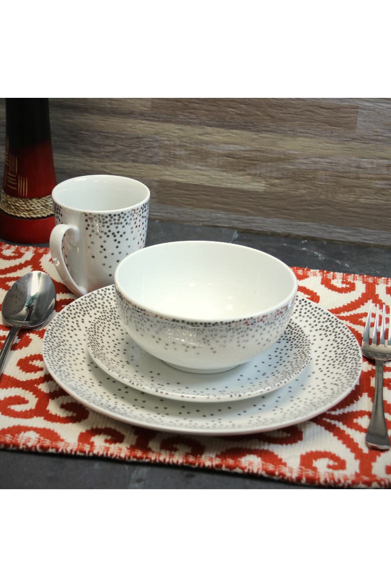 Platinum Dots 16 Piece Round Ceramic Dinnerware Set, Alternate, color, Silver