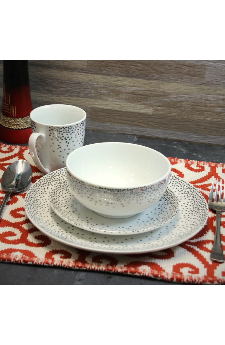 Gibson Platinum Dots 16 Piece Round Ceramic Dinnerware Set, Alternate, color, Silver