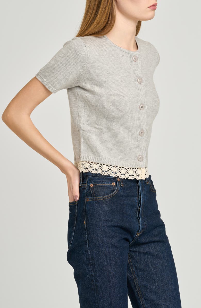 WAYF Carine Lace Trim Button Front Cardigan, Alternate, color, Light Heather Grey