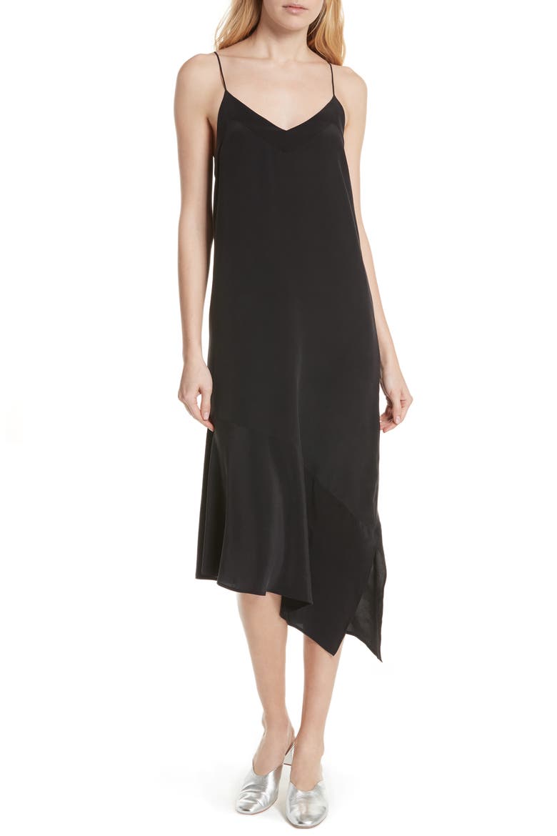 Jada Asymmetrical Silk Slip Dress, Main, color, TRUE BLACK