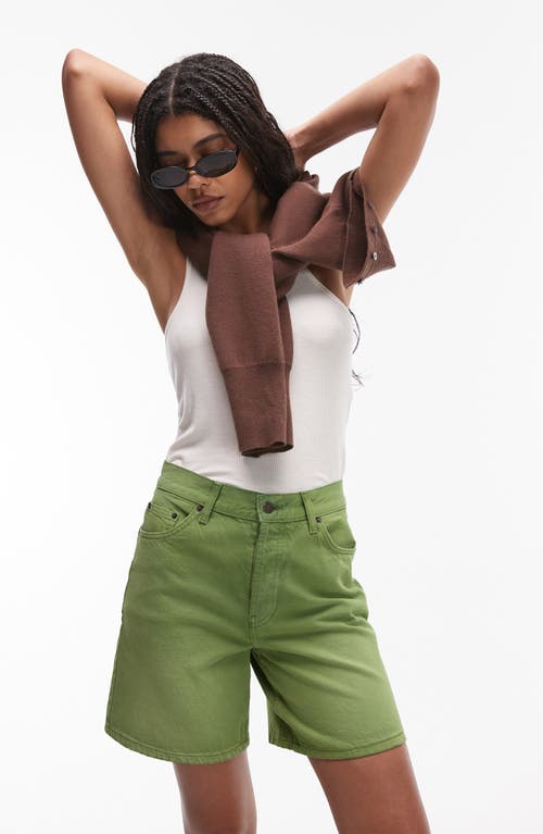 Topshop Loose Fit Denim Shorts In Green