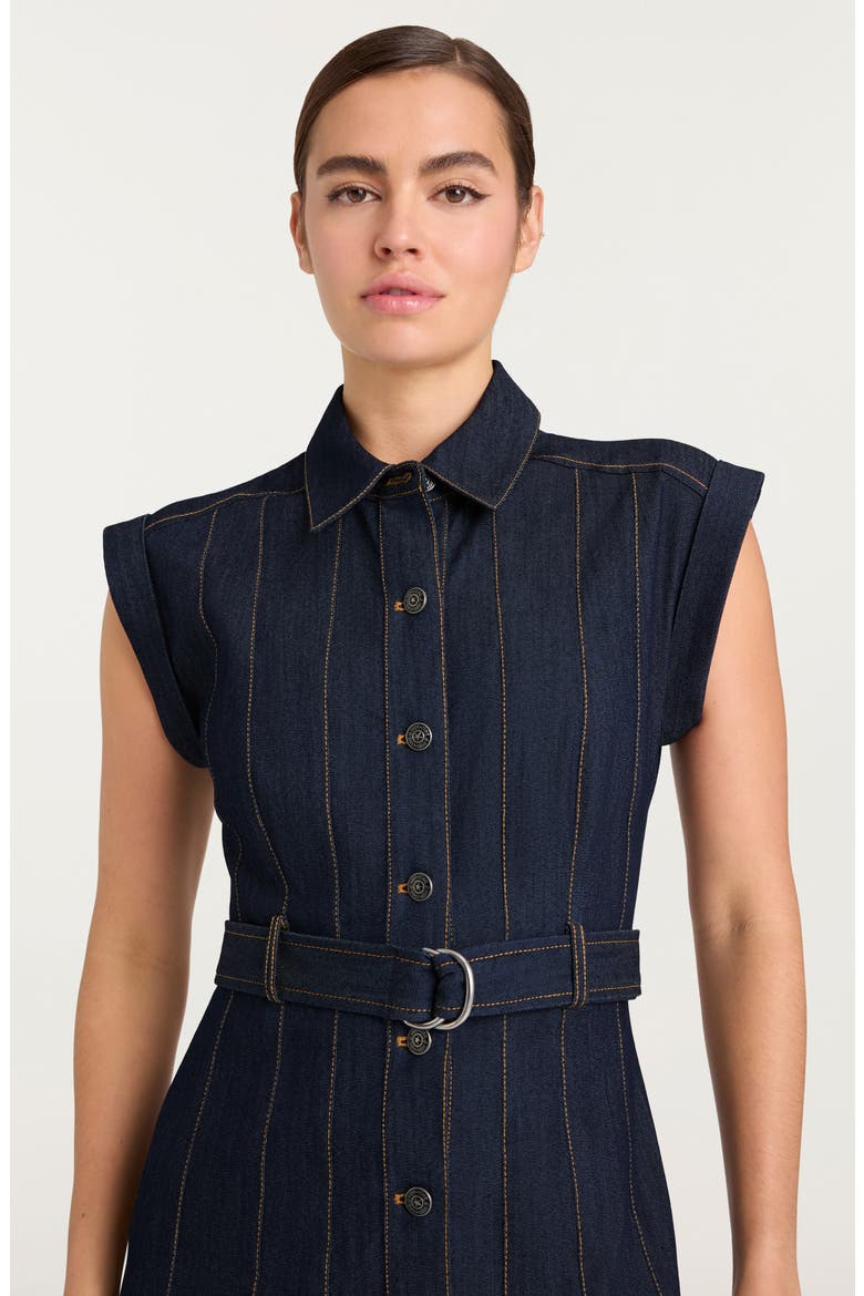 Karter Pleated Belted Denim Midi Dress, Alternate, color, INDIGO