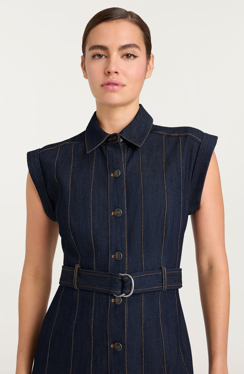 Cinq à Sept Karter Pleated Belted Denim Midi Dress, Alternate, color, Indigo