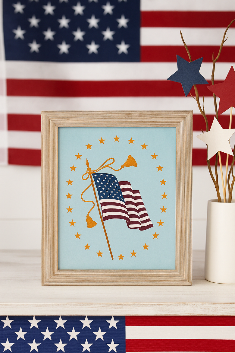 Old Glory Waving America Flag Painted Canvas Picture Frame Wall Decor 12" x 17", Alternate, color, Blue