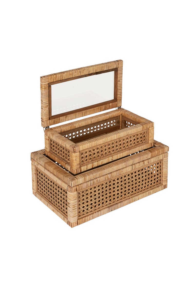 Woven Rattan and Wood Display Boxes with Glass Lids, Natural and Clear, Set of 2, Alternate, color, Natural