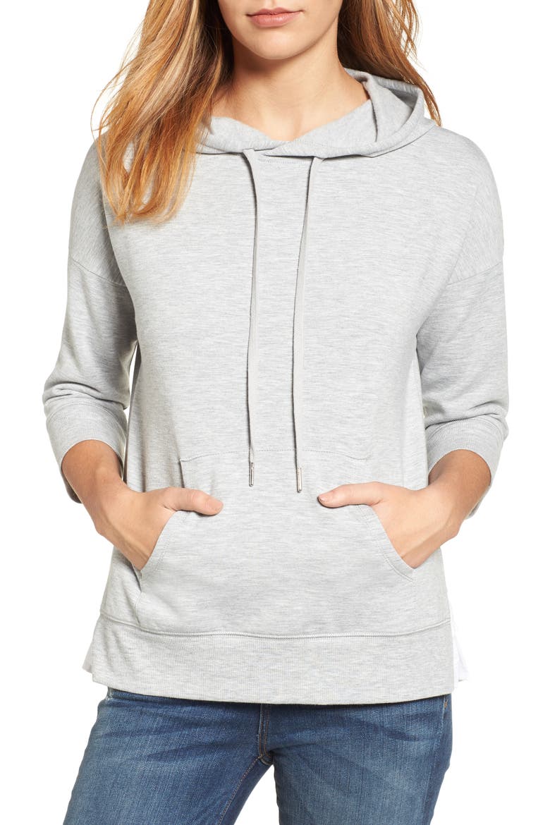 Woven Inset Knit Hoodie, Main, color, HEATHER GREY