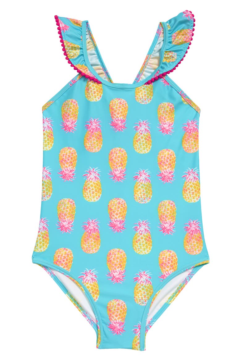 Flounce Pop One-Piece Swimsuit, Main, color, BLUE BAYOU FUN PINEAPPLE