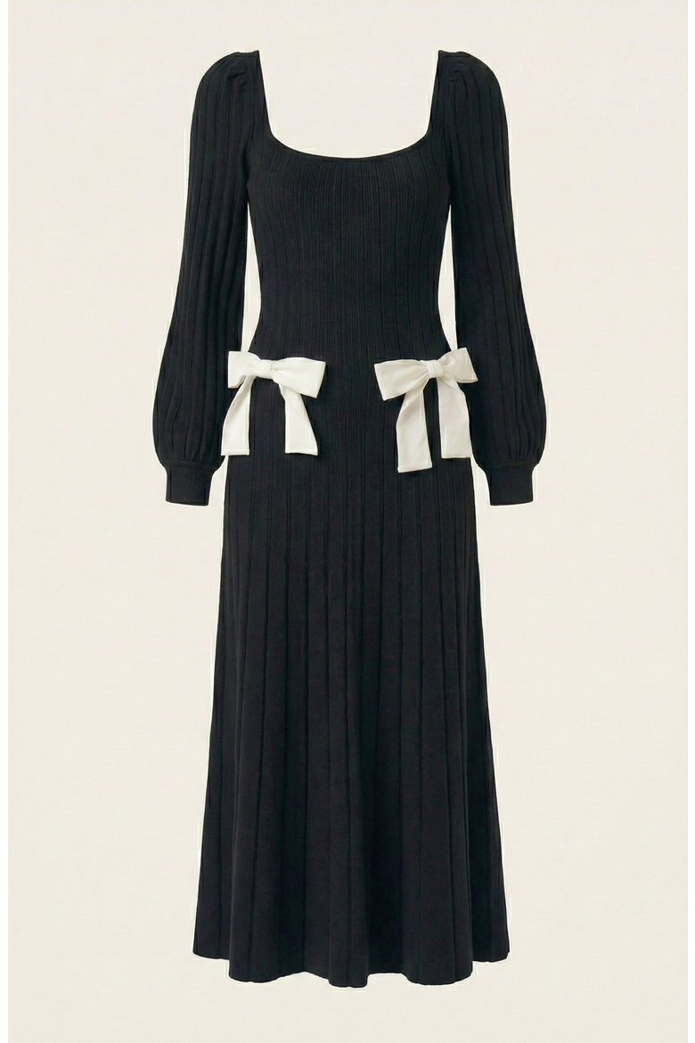 Front Bow Flared Sweater Midi Dress, Alternate, color, Black