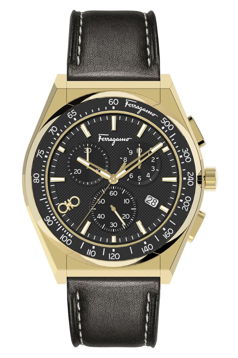 Chronograph Sport Leather Strap Watch, 43mm, Main, color, GOLD