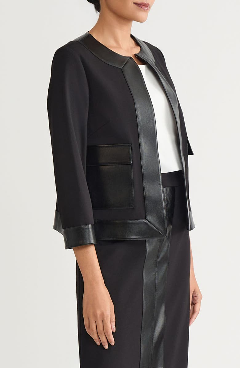 Ming Wang Faux Leather Trim Stretch Ponte Jacket, Alternate, color, Black