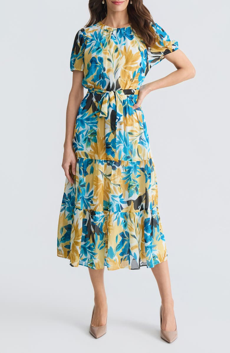 KASPER Floral Tiered Midi Dress, Main, color, Butterscotch Multi