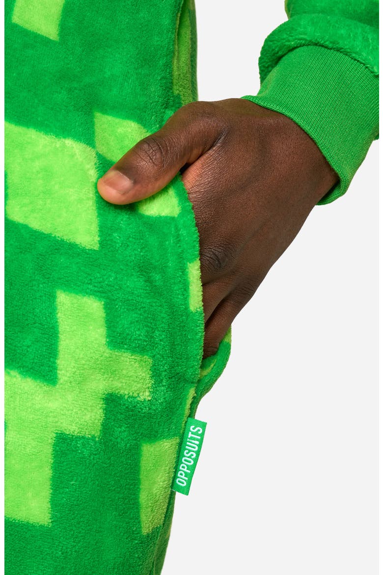 Creeper Minecraft™ Long Sleeve Hooded Fleece Jumpsuit, Alternate, color, GREEN