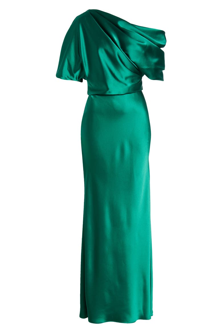 One-Shoulder Fluid Satin Gown, Alternate, color, EMERALD