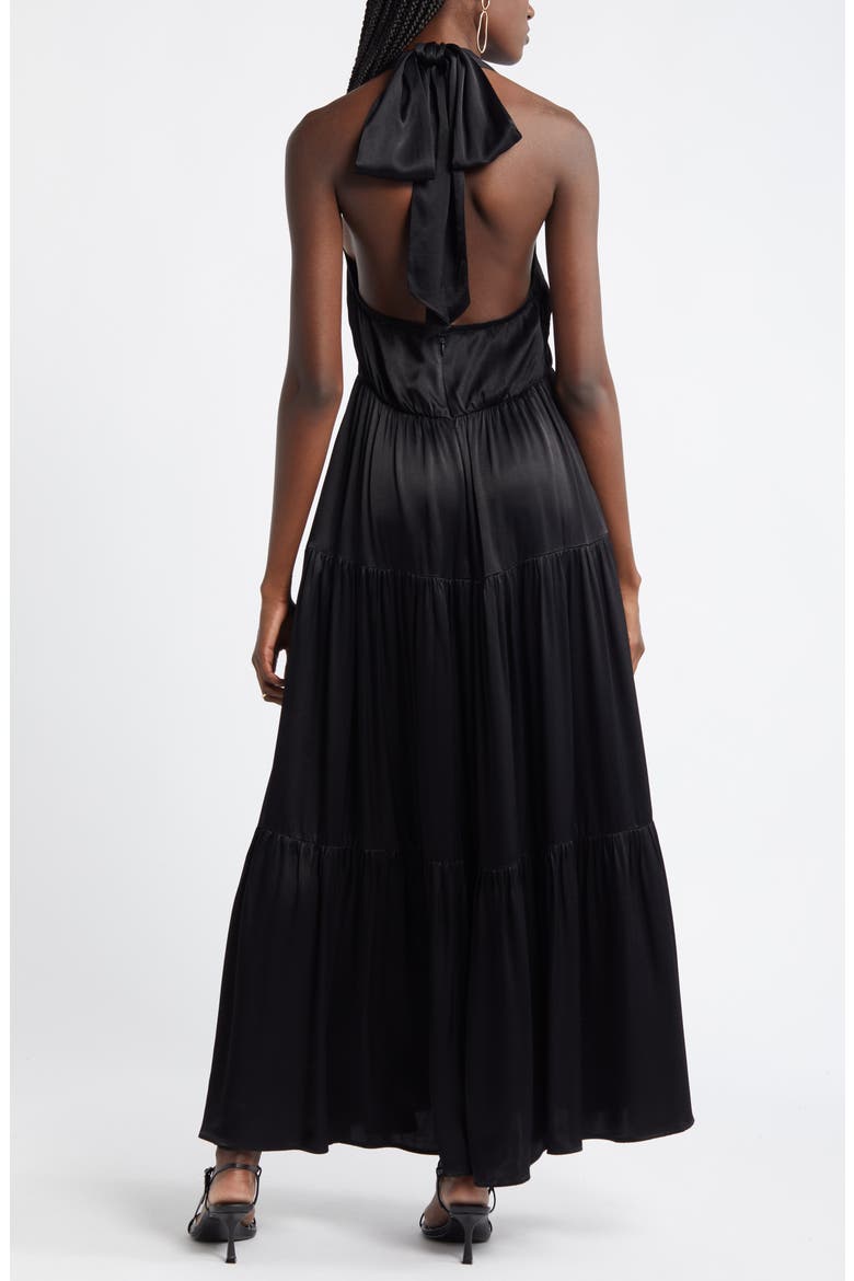 Tiered Satin Halter Maxi Dress, Alternate, color, BLACK
