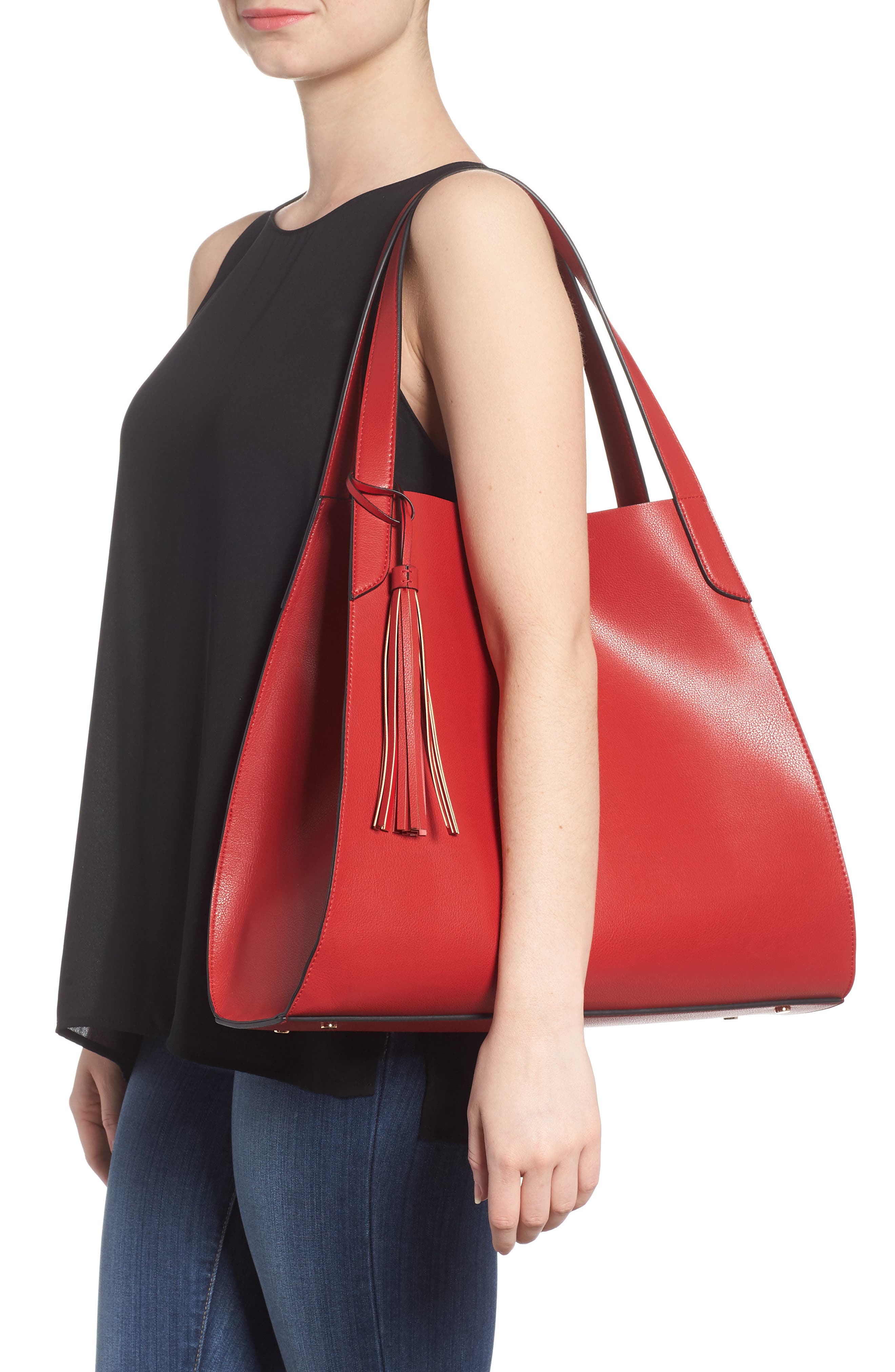 Trapezoid Faux Leather Tote, Alternate, color, RED