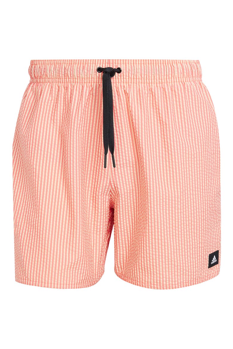 Seersucker Striped Swim Trunks, Alternate, color, SEMI LUCID RED/ BLACK
