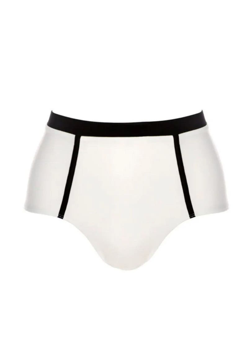 Coco High-Waist Full Back Coverage Bikini Bottom, Alternate, color, White with Black Trim