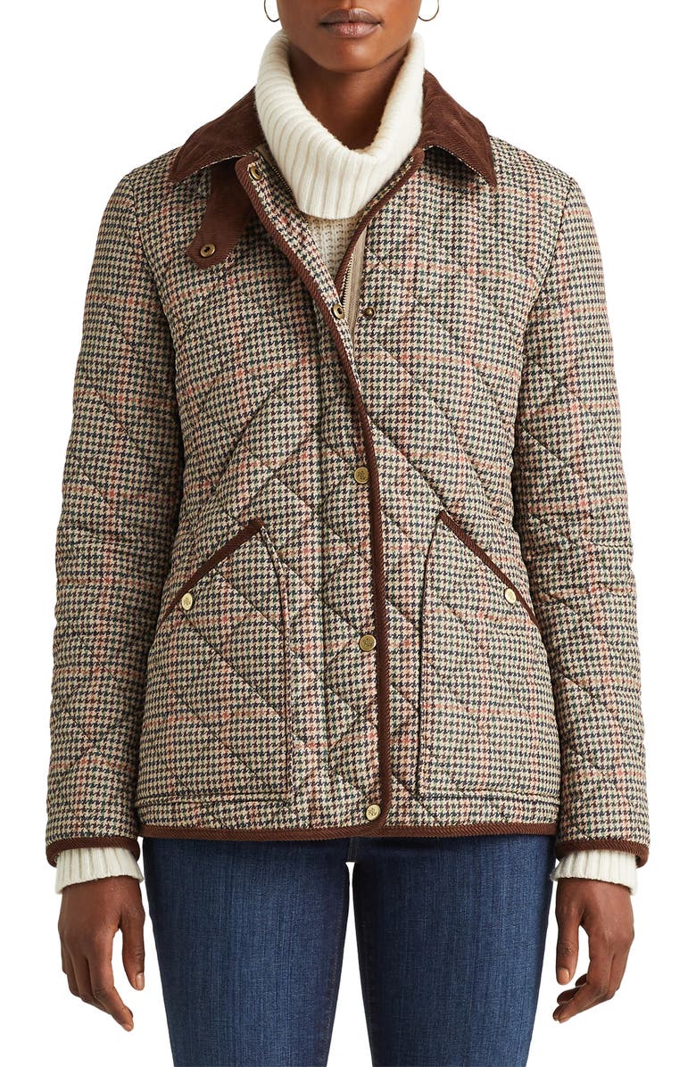 Lauren Ralph Lauren Houndstooth Print Corduroy Collar Quilted Jacket, Main, color,