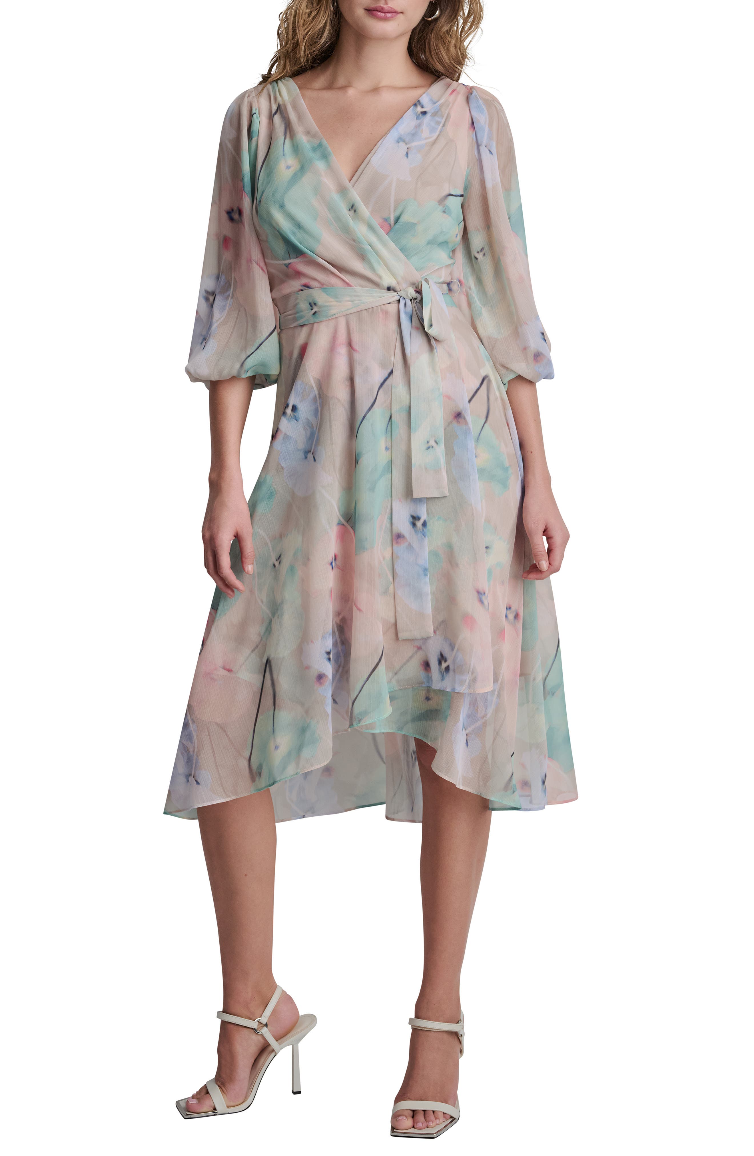 Balloon Sleeve Faux Wrap Midi Dress
