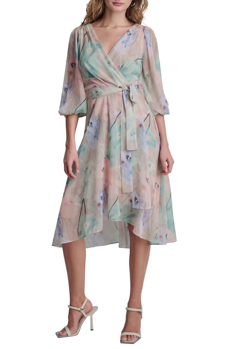 Balloon Sleeve Faux Wrap Midi Dress, Main, color, MOONLGHT