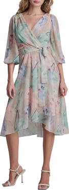 DKNY Balloon Sleeve Faux Wrap Midi Dress